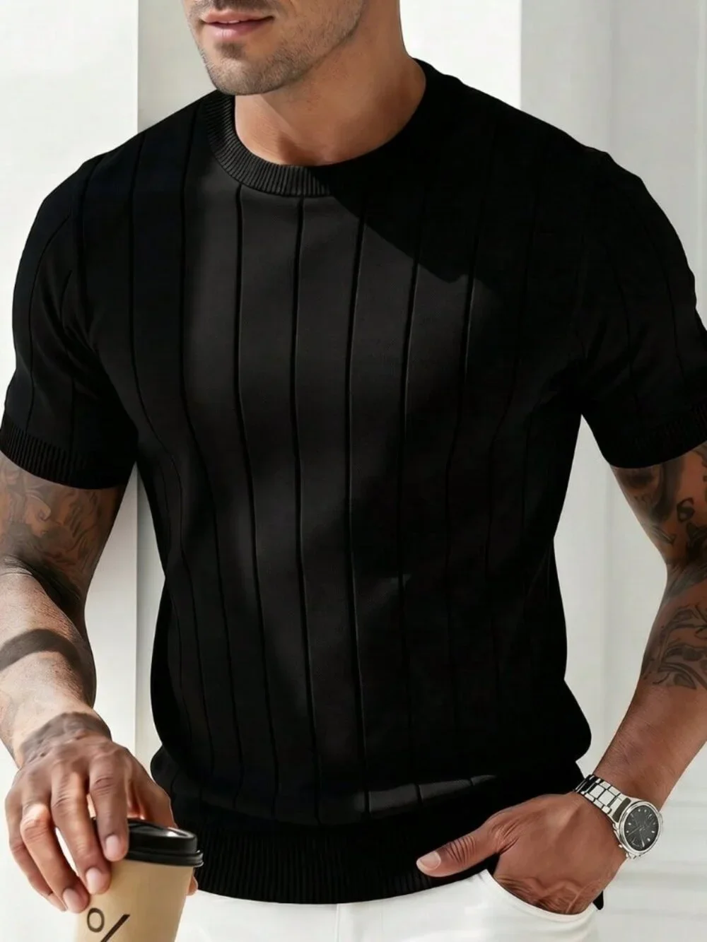 Black Casual Men's Ribbed Crew Neck Thin Knit Loose Fit Short Sleeve Sweater